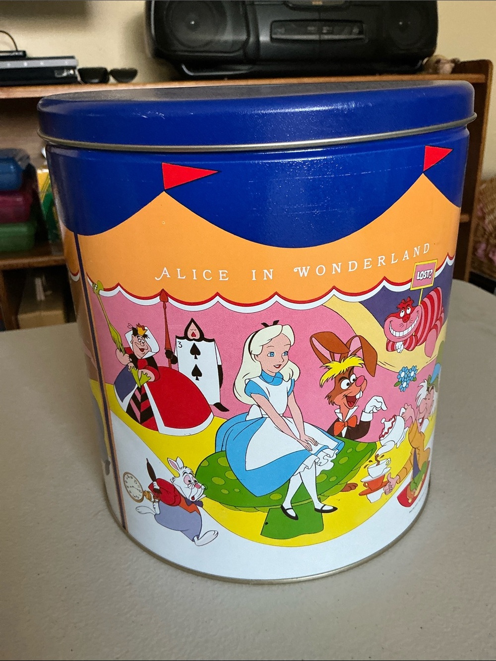 1985 Vintage Disney Popcorn Tin Alice In Wonderland, Robin Hood & Sword In Stone